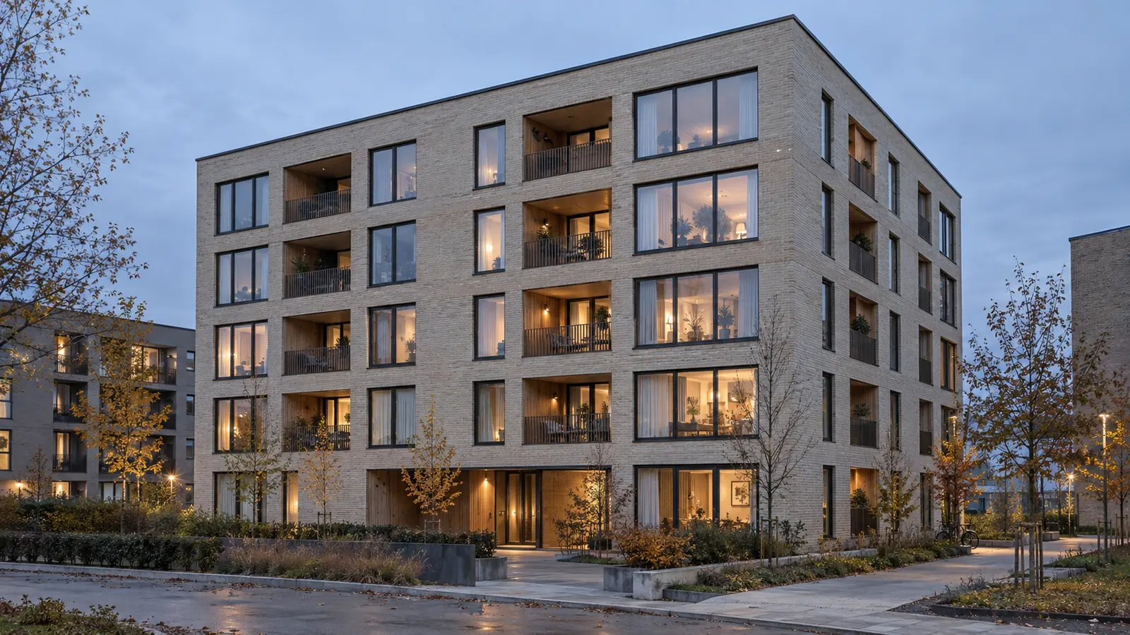 Contemporary five-storey apartment building with dark, slim AruAL SlimLine window frames