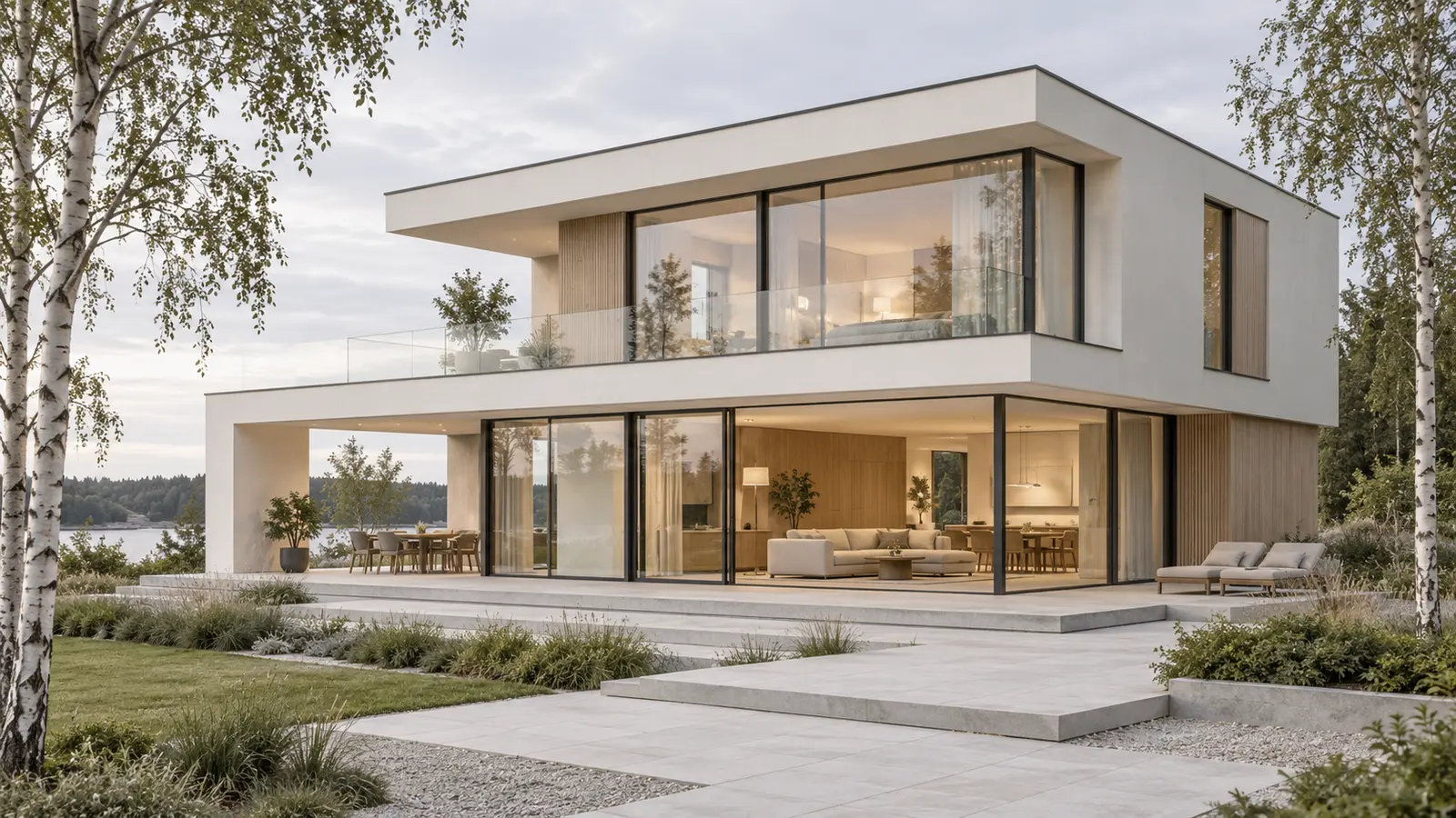 Visualisation of a light-coloured contemporary home with AruAL SlimLine windows