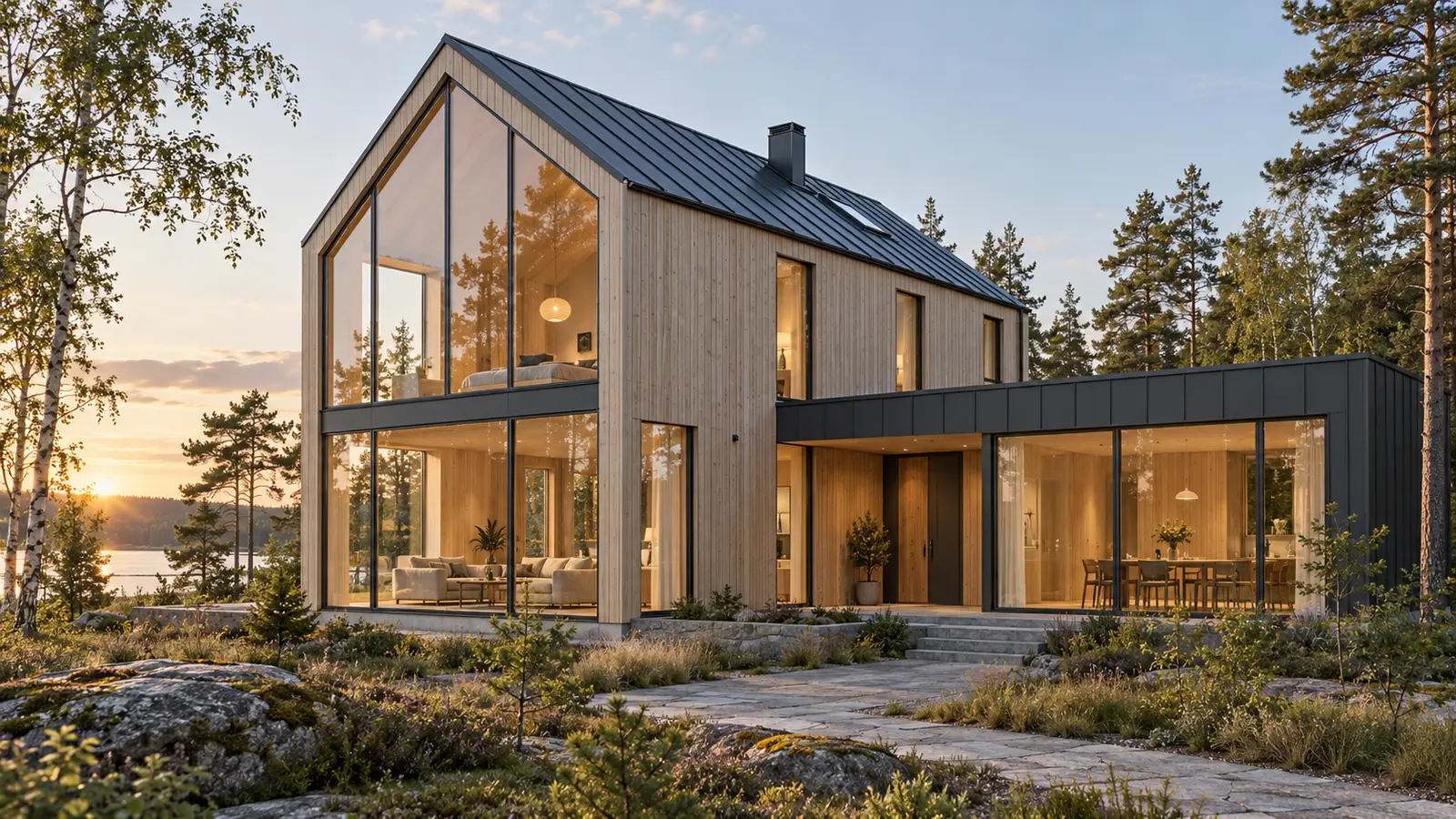 Visualisation of a Nordic home with large, slim timber-aluminium windows
