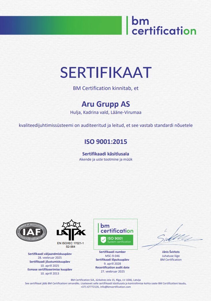 Aru Grupp ISO 9001 sertifikaat ja kvaliteetsed aknad ning uksed_